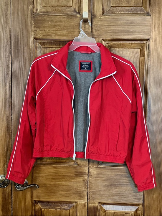 Abercrombie & Fitch Jackets & Blazers - Abercrombie & Fitch Red Cropped Track Bomber Zip Jacket with White Piping